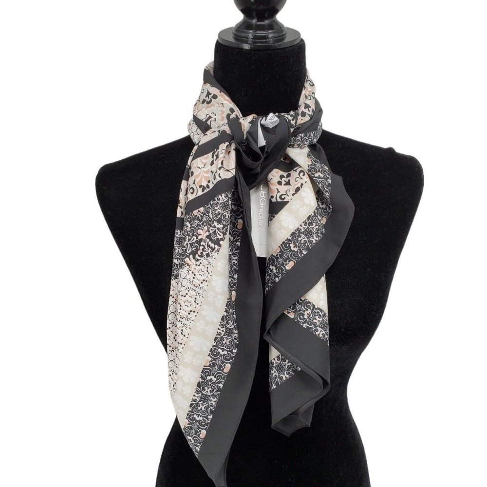 BCBG Scarf Shawl Satin Paisley Scroll Peach Gray Black 34" Square
